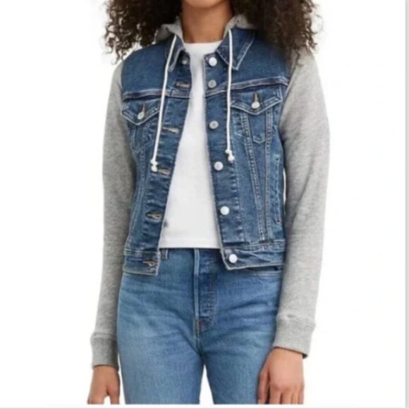 Levi's Hybrid Trucker Jean Jacket Hoodie Combo Gray Blue S #274F - Picture 9 of 13